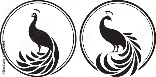 Minimalist black peacock logo in circle on plain background