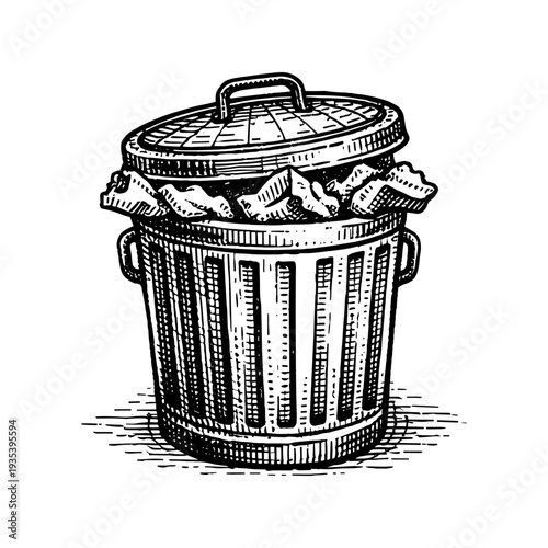 Vintage trash can engraving illustration with garbage in antique household object style