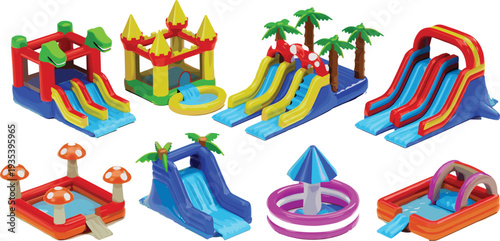 Colorful inflatable water park slides set, cartoon aqua playground vector illustration isolated on light background for kids summer party and pool entertainment design