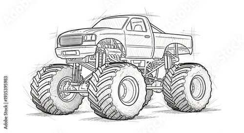 Monster truck sketch drawing, off-road vehicle, big tires, automotive art