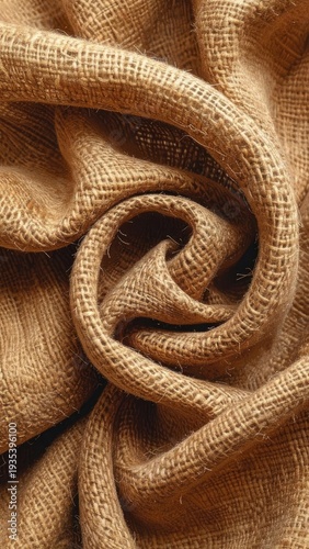 Abstract swirl of textured brown woven fabric with soft focus.