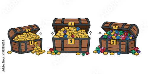 Treasure chests opening and spilling gold coins, diamonds, and precious stones, representing financial growth and success