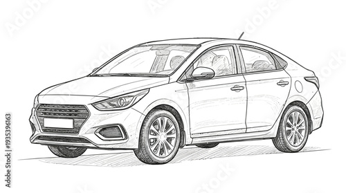 Sketch of a modern sedan car, front three-quarter view, white background