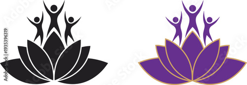 Lotus flower wellness logo with abstract human figures, yoga and meditation symbol design, elegant spa, health, mindfulness and holistic lifestyle branding emblem vector.