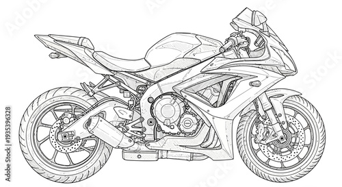 Sketch of a sport motorcycle, detailed line drawing, black and white