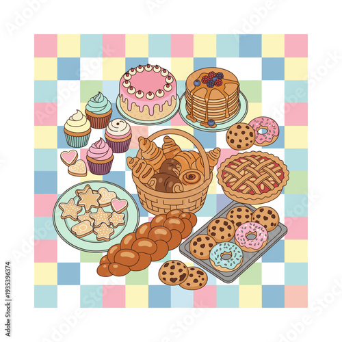 Various baked goods and sweet pastry items arranged on a colorful checkered background, including cakes, muffins, doughnuts, and croissants