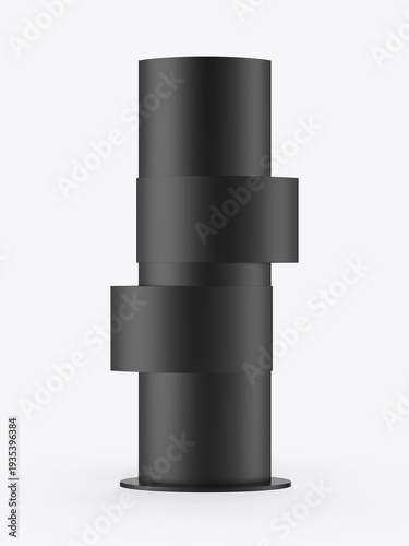 3D rendered illustration cylindrical advertising totem display stand isolated on a clean background. Blank vertical pillar structure designed for retail branding, promotional signage, exhibition.