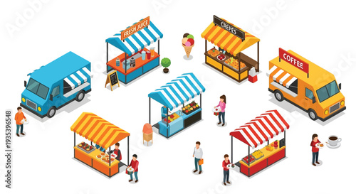 Isometric illustration of colorful food stalls and street vendors