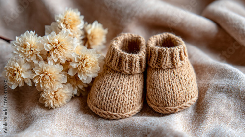 Hand-knit baby booties next to dried flowers on soft fabric  