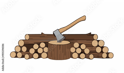 Woodworking vector illustration with axe, stump and stacked timber logs