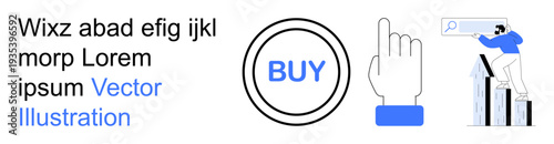 E-commerce, digital marketing, online shopping, web design, growth strategy, search analysis. Circular Buy button, hand pointer and man analyzing growth trends. E-commerce and digital marketing