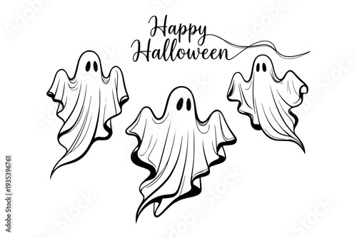 Three floating ghost figures in clean line art on white background, symbolizing spooky Halloween spirit
