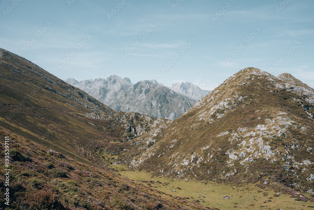 Fototapeta premium Young photographer in the mountains with a backpack