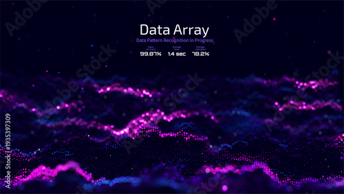 Futuristic data array visualization with flowing particle waves and digital interface representing big data analysis, pattern recognition, artificial intelligence, machine learning vector background