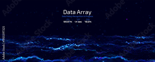 Futuristic data array visualization with flowing particle waves and digital interface representing big data analysis, pattern recognition, artificial intelligence, machine learning vector background