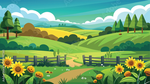 Vibrant landscape showcasing a picturesque countryside with rolling hills and a winding path.