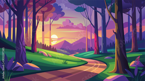 Enchanted forest path illuminated by the golden hour’s glow