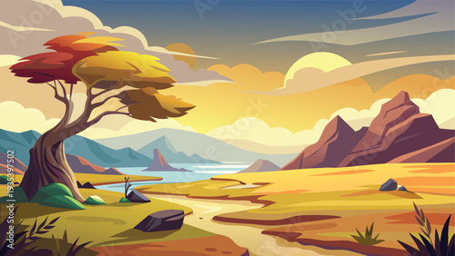 Serene sunset over a peaceful desert landscape with a solitary tree