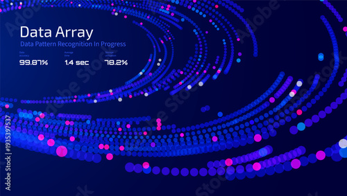 Futuristic data array visualization with flowing particle waves and digital interface representing big data analysis, pattern recognition, artificial intelligence, machine learning vector background
