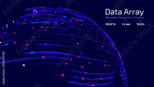 Futuristic data array visualization with flowing particle waves and digital interface representing big data analysis, pattern recognition, artificial intelligence, machine learning vector background