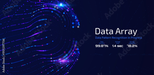 Futuristic data array visualization with flowing particle waves and digital interface representing big data analysis, pattern recognition, artificial intelligence, machine learning vector background