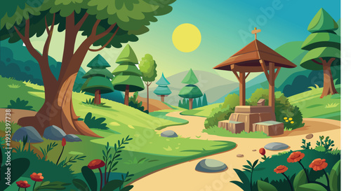 A serene forest scene with a winding path and quaint wooden structures under a bright sky.