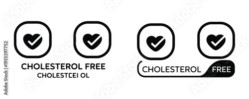 Cholesterol free food labels with heart icons and checkmarks