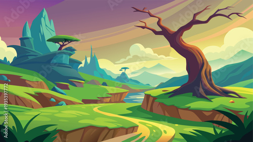 Mystical forest with ancient trees and a towering castle under a vibrant sky