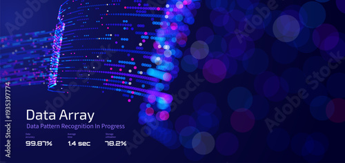 Futuristic data array visualization with flowing particle waves and digital interface representing big data analysis, pattern recognition, artificial intelligence, machine learning vector background