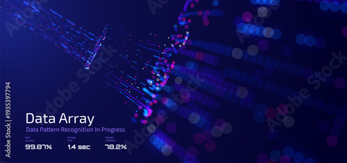 Futuristic data array visualization with flowing particle waves and digital interface representing big data analysis, pattern recognition, artificial intelligence, machine learning vector background