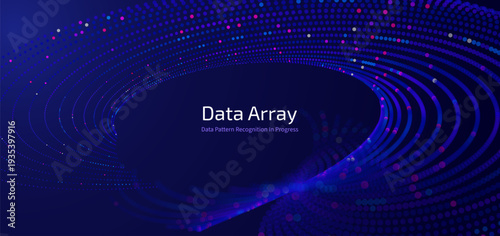 Futuristic data array visualization with flowing particle waves and digital interface representing big data analysis, pattern recognition, artificial intelligence, machine learning vector background