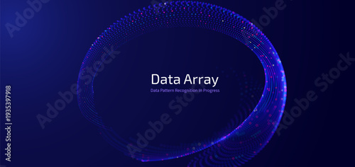 Futuristic data array visualization with flowing particle waves and digital interface representing big data analysis, pattern recognition, artificial intelligence, machine learning vector background
