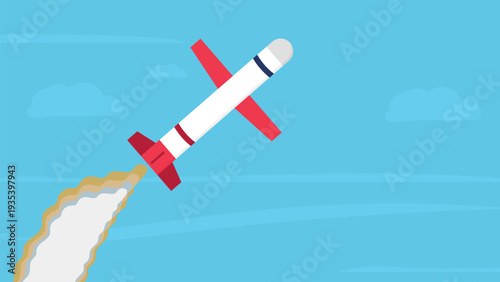 Cartoon Rocket Launch in Blue Sky Flat Vector Illustration. Conflict between the US and Iran