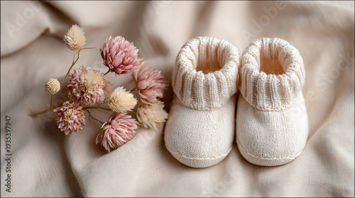 Soft baby booties beside dried flowers on soft fabric background  