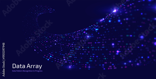 Futuristic data array visualization with flowing particle waves and digital interface representing big data analysis, pattern recognition, artificial intelligence, machine learning vector background