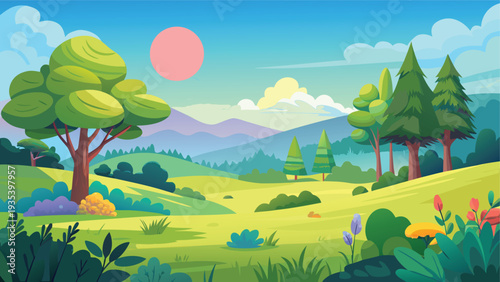 A serene landscape featuring vibrant greenery, a bright sun, and a calm river flowing through nature.