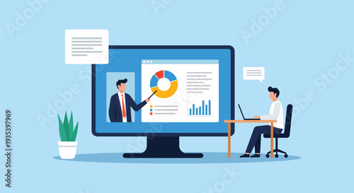 Online Business Presentation Webinar – Remote Training, Virtual Meeting and Digital Learning Vector Illustration