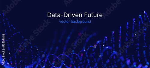 Futuristic data array visualization with flowing particle waves and digital interface representing big data analysis, pattern recognition, artificial intelligence, machine learning vector background