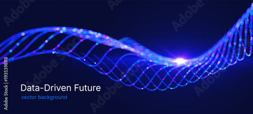 Futuristic data array visualization with flowing particle waves and digital interface representing big data analysis, pattern recognition, artificial intelligence, machine learning vector background