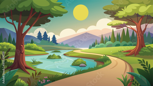 A serene evening walk along a peaceful forest path beside a tranquil lake.