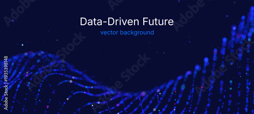 Futuristic data array visualization with flowing particle waves and digital interface representing big data analysis, pattern recognition, artificial intelligence, machine learning vector background