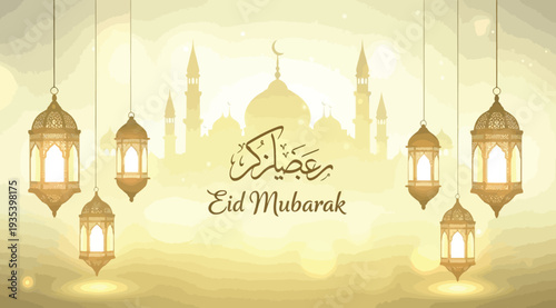 Eid mubarak greeting card with hanging lanterns and mosque silhouette in golden color