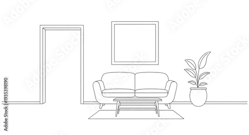 Minimalist living room sketch with sofa and plant.