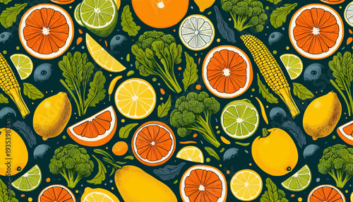 variety of fruits and vegetables seamless vector artwork design pattern