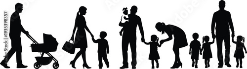 Set of family silhouettes, parents with children, walking with baby stroller, cad drawing flat vector illustration, isolated on white background