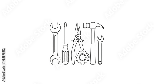 Collection of hand drawn tools and gears illustration.