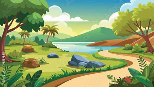 A serene countryside scene featuring a winding river, lush greenery, and playful animals.