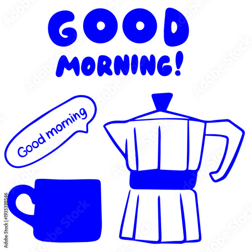 Breakfast doodle illustration with coffee mug and moka pot coffee maker, blue hand drawn doodle style good morning concept
