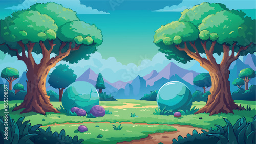 Whimsical forest scene with vibrant greenery and playful creatures in a cartoonish landscape