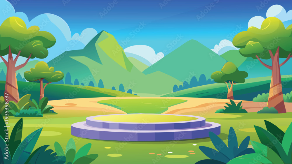Naklejka premium Tranquil forest scene with a small pond surrounded by lush greenery and trees.